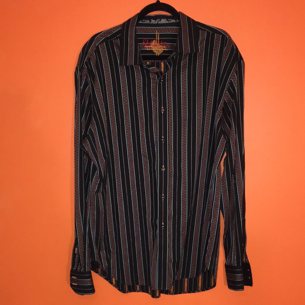 Robert Graham Men's Black Striped Shirt 2XL Geometric Maximalist Designer XXL
